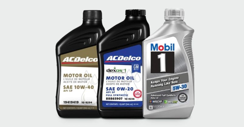 Bottles of ACDelco Gold, ACDelco Blue (OE) and Mobil 1 Motor Oil