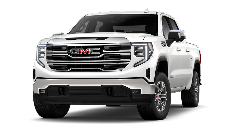 Front Three-Quarters View of a White GMC Sierra SLT Full-Size Truck