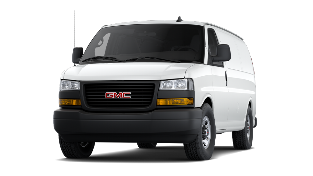 Exterior Front Three-Quarters View of a Summit White 2026 GMC Savana Cargo Van