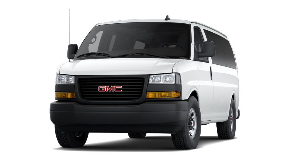 Exterior Front Three-Quarters View of a Summit White 2026 GMC Savana Passenger Van