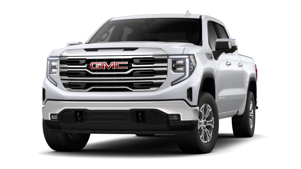 Front Three-Quarters View of a Glacier White Tricoat 2026 GMC Sierra SLT Full-Size Truck