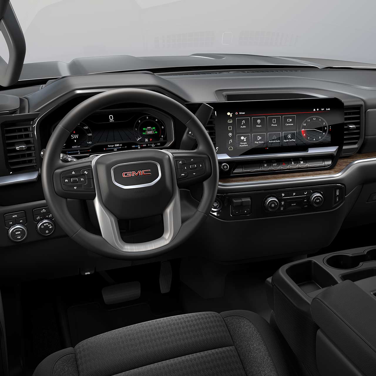 Interior View of the Front Row Seats in the GMC Commercial Sierra Chassis Cab