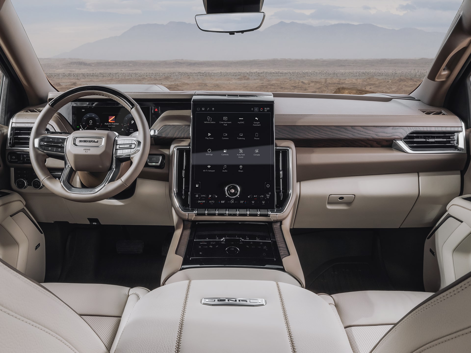 Interior View of the Front Row Seats and Dashboard in the GMC Yukon Denali Luxury 3 Row SUV