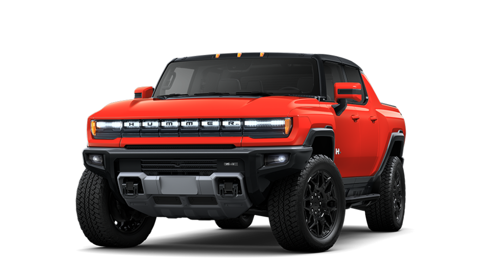 Front Three-Quarters View of a 2025 Red Hummer EV Pickup Truck