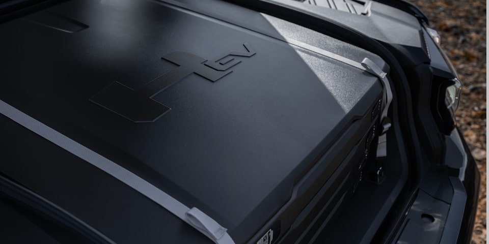 Close-up of the e-Trunk of the GMC Hummer EV SUV