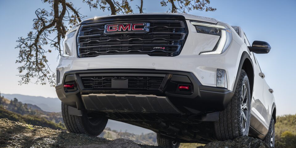 View of the Front Grille and Undercarriage of the GMC Acadia AT4 Mid-Size Off-Road SUV