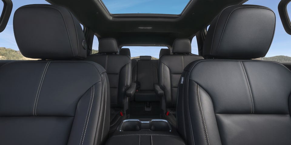 Interior View of the Black Leather Three Row Seating in the GMC Acadia