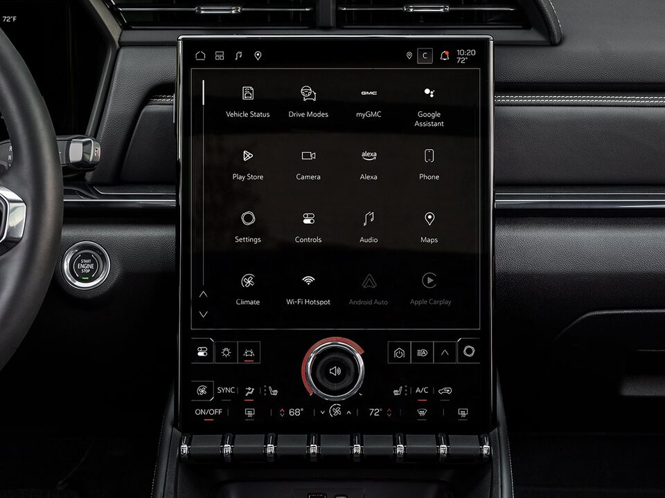 Close-up of the GMC Terrain Infotainment System with Google Built-in Compatibility