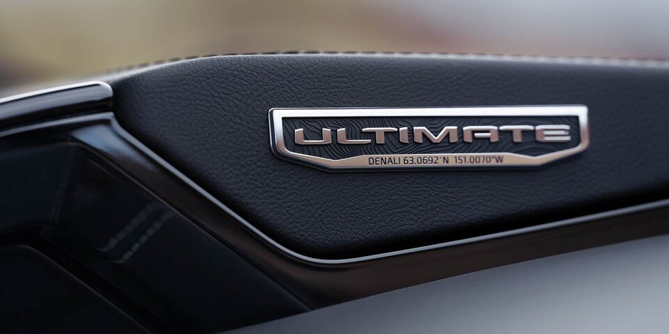 Close-up of the Interior Ultimate Badging in the GMC Yukon Large SUV