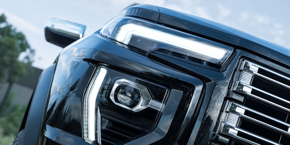 Close-up of the 2025 GMC Canyon Denali's LED Headlights
