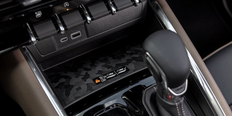 Close-up of the 2025 GMC Canyon Wireless Charging Feature in the Middle Console