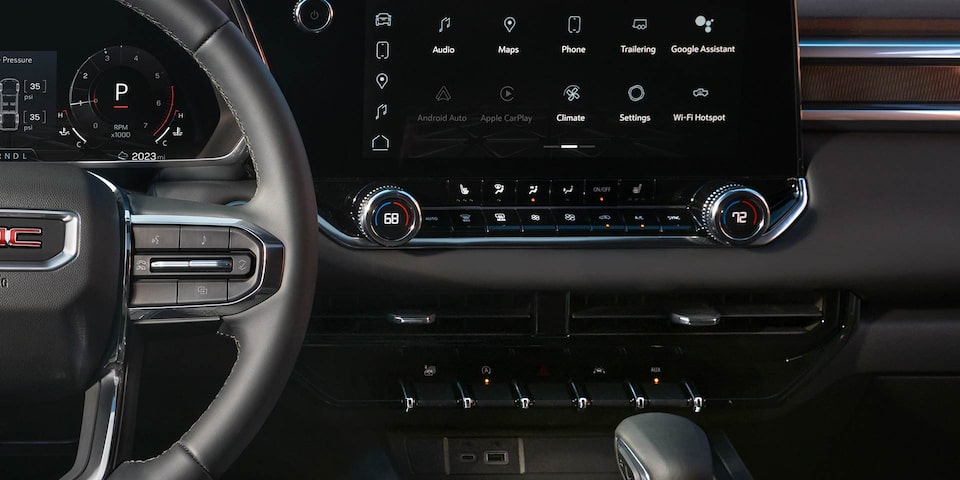Close-up of the 2025 GMC Canyon's Soft Touch Instrument Panel