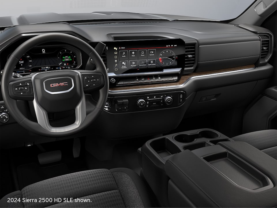 Close-up of the Steering Wheel and Infotainment System in a 2025 GMC Sierra HD Chassis Cab Truck