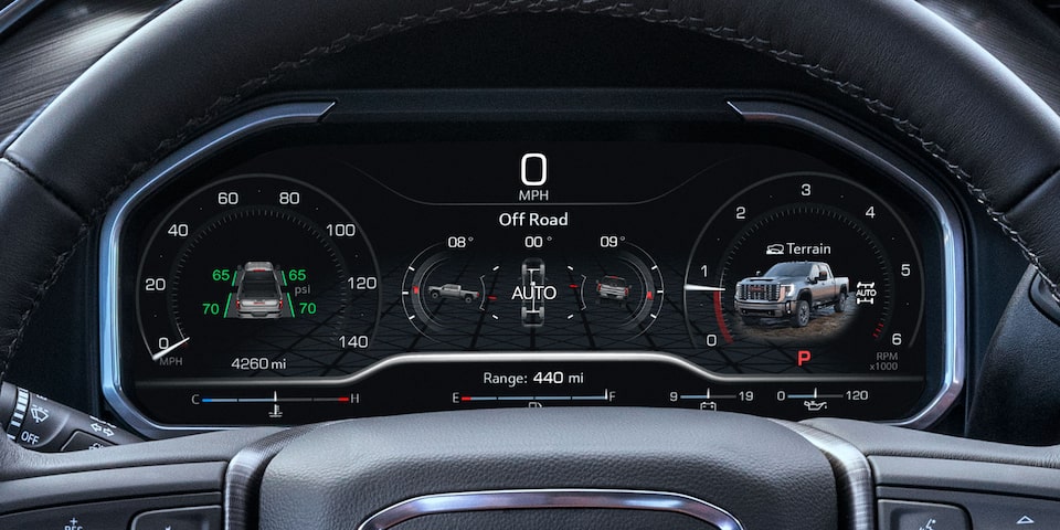 Close-up of the Digital Cockpit in a 2025 GMC Sierra HD Denali Truck