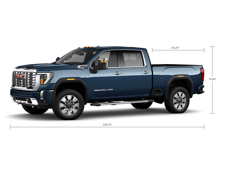 Front Three-Quarters View of a GMC Sierra HD 2500 Denali Truck with a Dimension Diagram