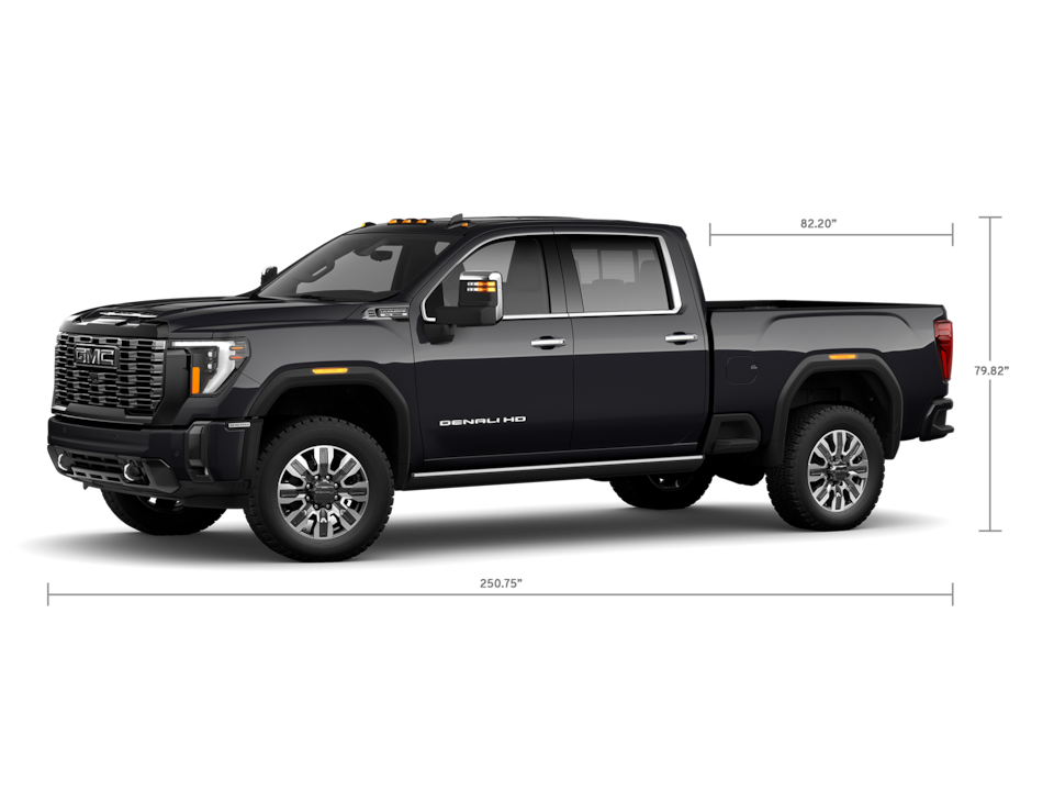 Front Three-Quarters View of a GMC Sierra HD 2500 Denali Truck with a Dimension Diagram