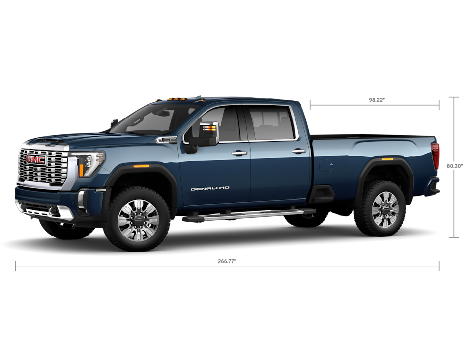 Front Three-Quarters View of a GMC Sierra HD 3500 Denali Truck with a Dimension Diagram