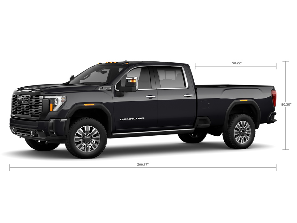 Front Three-Quarters View of a GMC Sierra HD 3500 Denali Truck with a Dimension Diagram