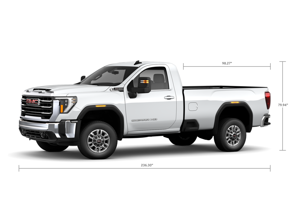 Front Three-Quarters View of a GMC Sierra HD 2500 SLE Truck with a Dimension Diagram