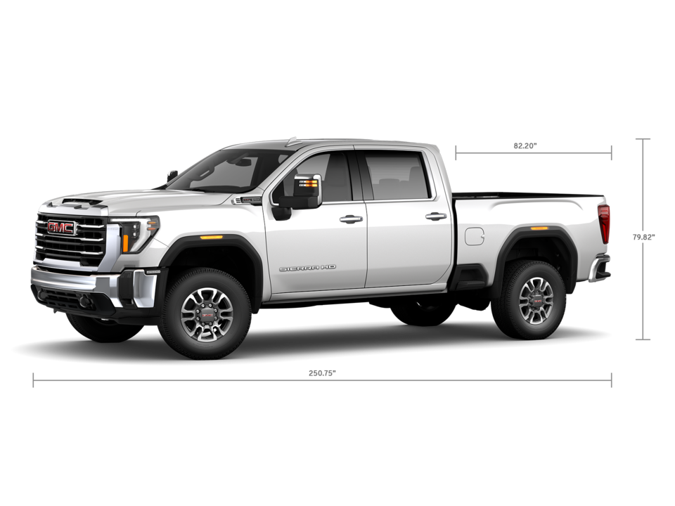 Front Three-Quarters View of a GMC Sierra HD 2500 SLE Truck with a Dimension Diagram