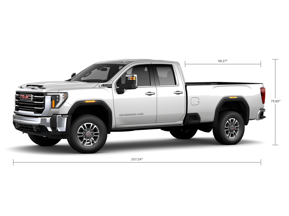 Front Three-Quarters View of a GMC Sierra HD 2500 SLE Truck with a Dimension Diagram
