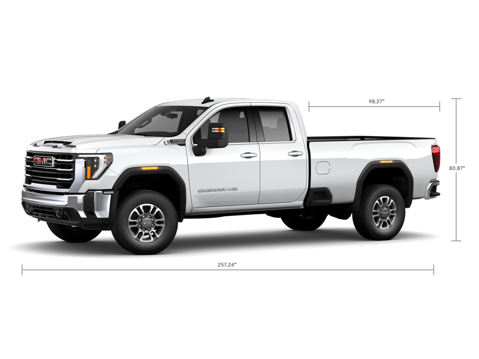 Front Three-Quarters View of a GMC Sierra HD 3500 SLE Truck with a Dimension Diagram