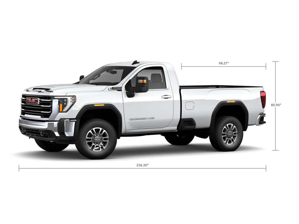 Front Three-Quarters View of a GMC Sierra HD 3500 SLE Truck with a Dimension Diagram