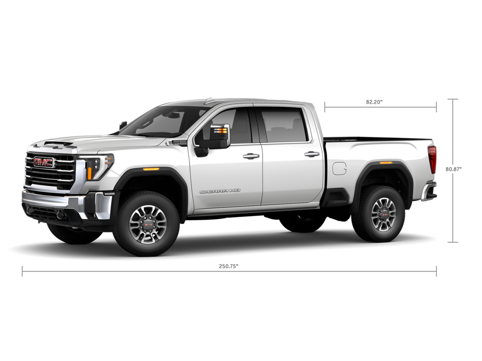 Front Three-Quarters View of a GMC Sierra HD 3500 SLE Truck with a Dimension Diagram