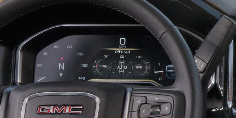 Close-Up of a Steering Wheel in a 2025 GMC Sierra HD Pickup Truck