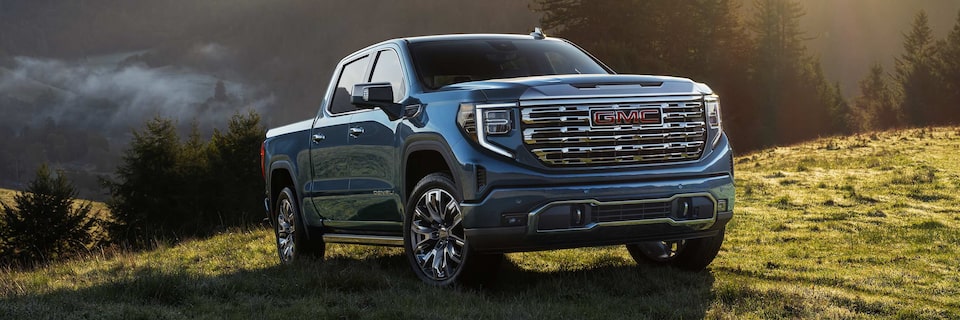 Front Three-Quarter View of the 2025 GMC Sierra Denali Luxury Pickup Truck Parked in a Green Valley Surrounded by Forest