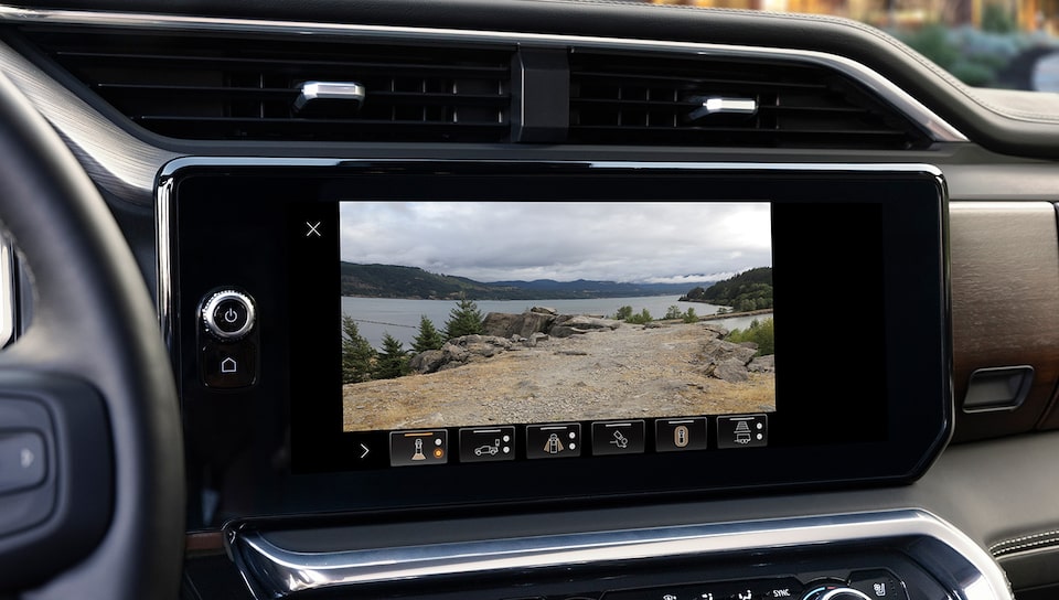 Close-up of the Infotainment System Displaying one of the Fourteen Camera Views on the 2025 GMC Sierra 1500