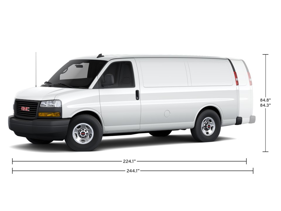 Graphic of a 2025 GMC Savana Cargo Van with Width and Height Dimensions