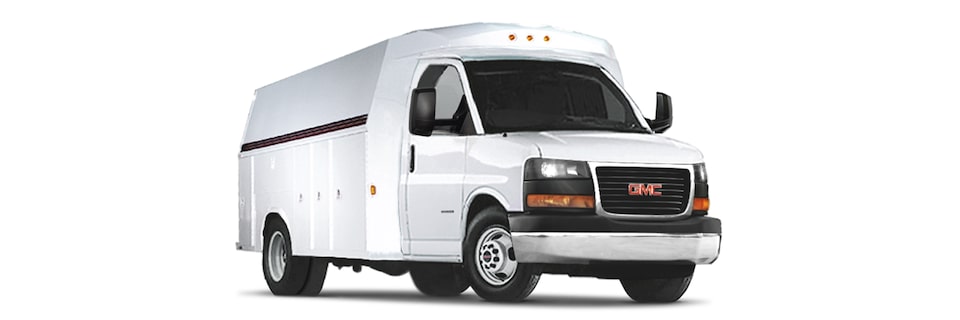 Front Three-Quarters View of the 2025 GMC Savana Cutaway Van