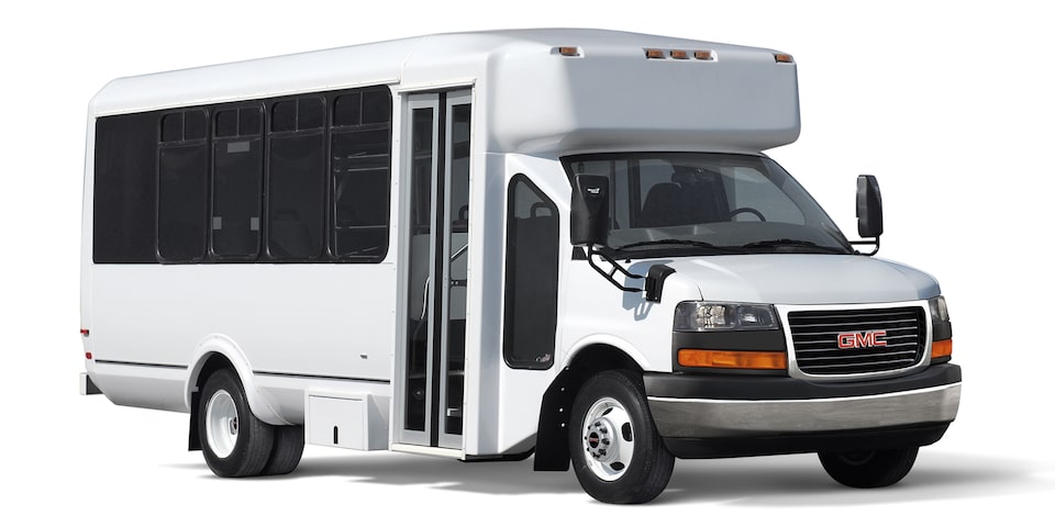 Front Three-Quarters View of the 2025 GMC Savana Cutaway Van