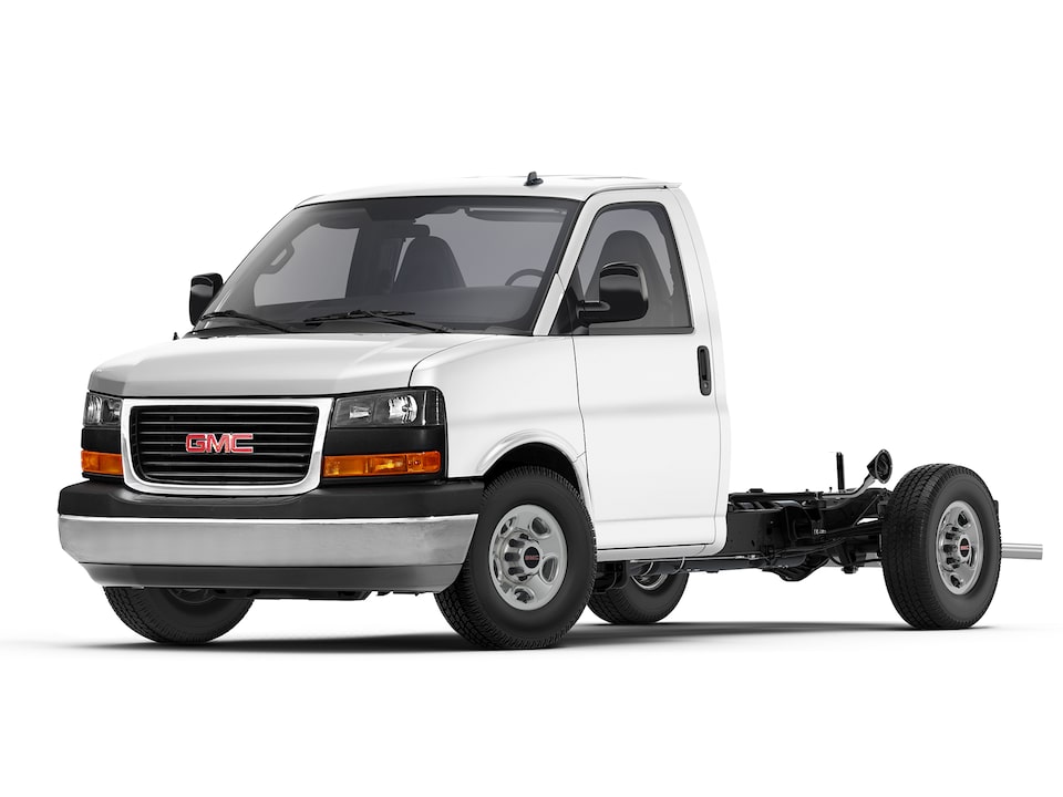 Front Three-Quarters View of the 2025 GMC Savana Cutaway Van