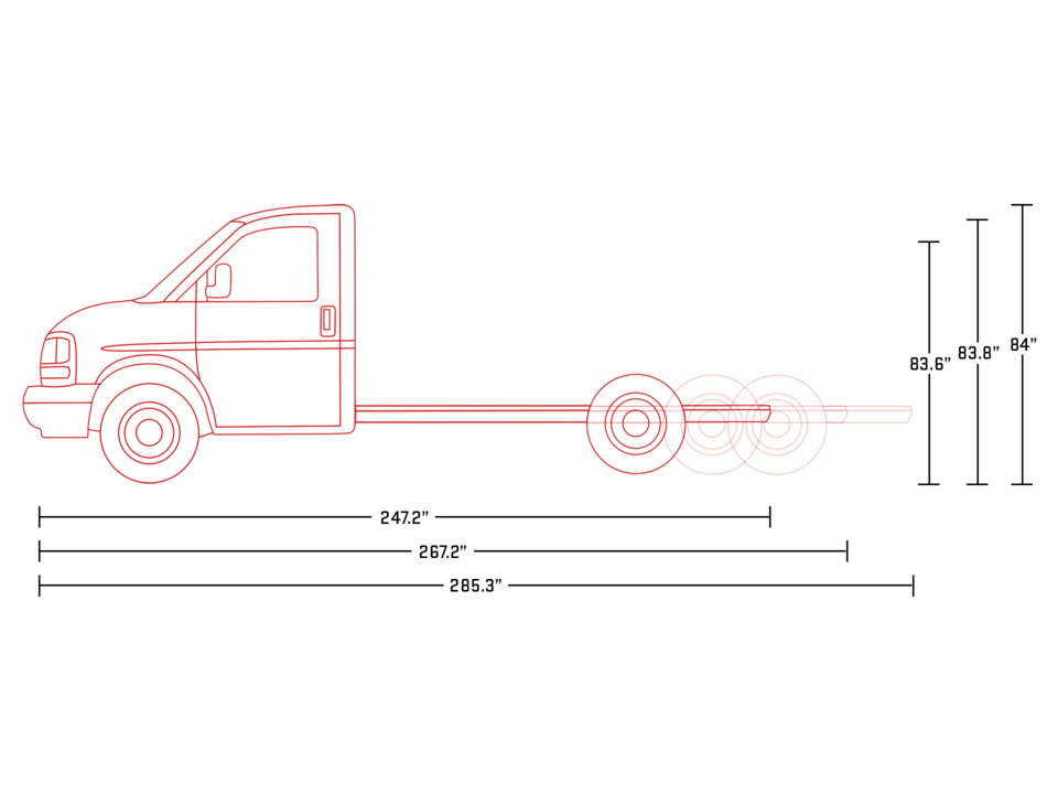 Graphic of 2025 GMC Cutaway Van Width and Height Dimensions