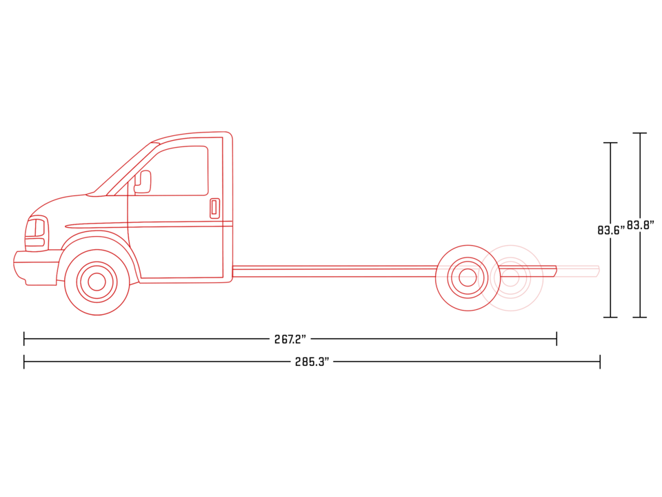 Graphic of 2025 GMC Cutaway Van Width and Height Dimensions