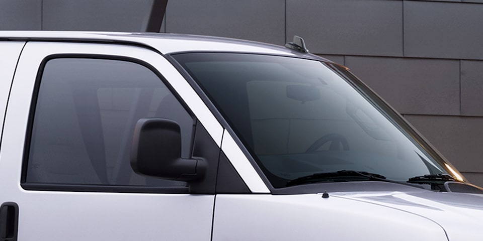 Close-up of the Windshield and Front Windows on a 2025 GMC Savana Passenger Van