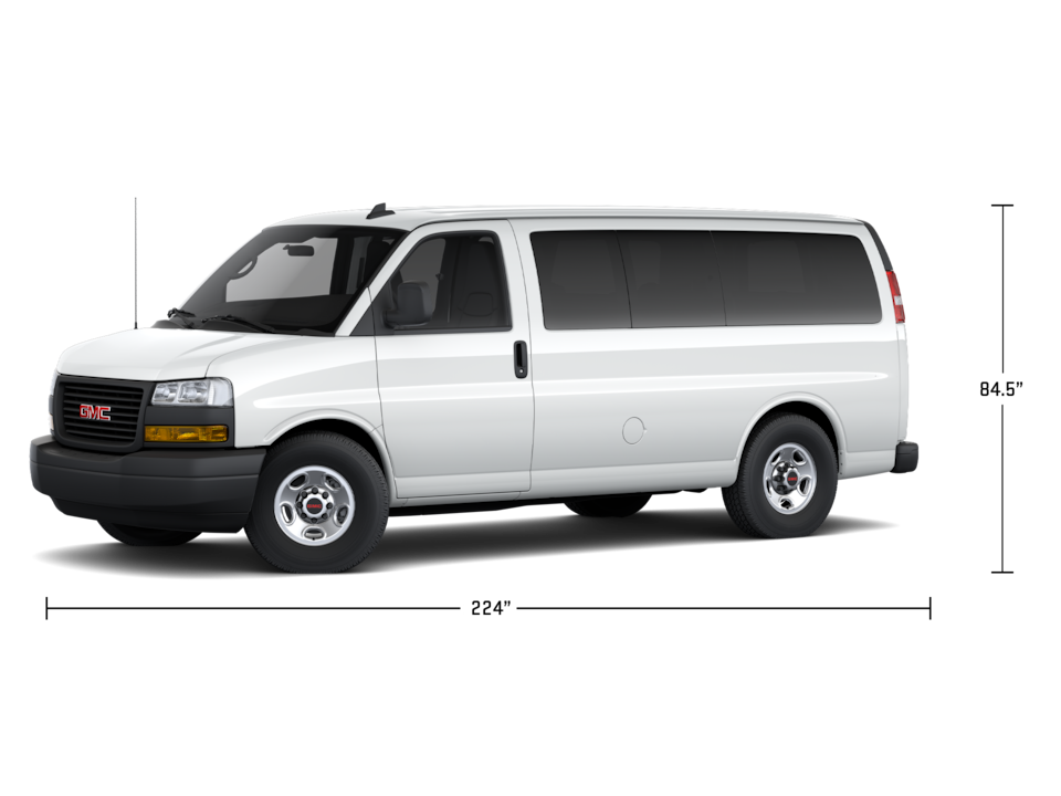 Front Three-Quarters View of a 2025 GMC Savana Passenger Van with Width and Height Dimensions Graphic