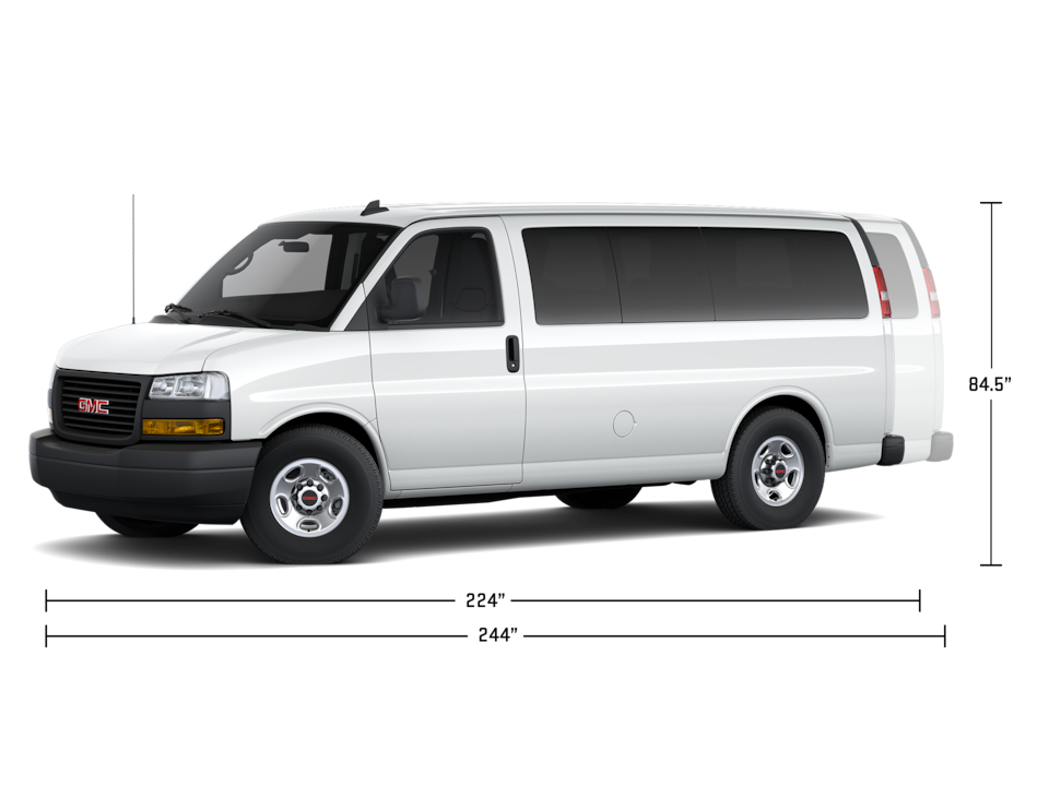 Front Three-Quarters View of a 2025 GMC Savana Passenger Van with Width and Height Dimensions Graphic