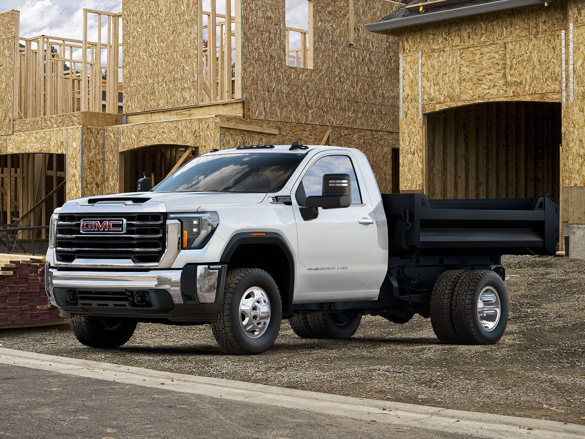 The 2026 GMC Sierra Chassis Cab Work Truck Parked Next to a House Being Built