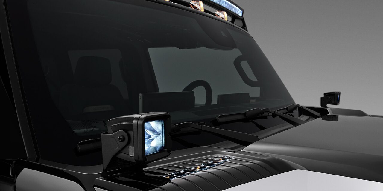 Close-up of a Personalized 2026 GMC HUMMER EV with Lights Added to the Hood