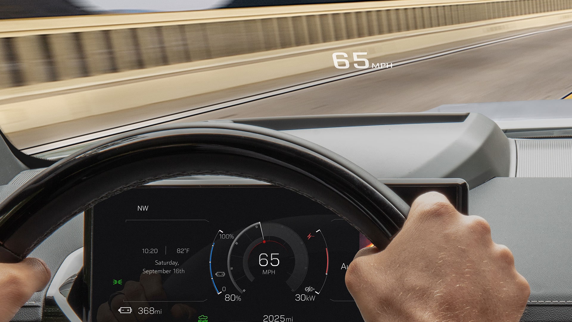 Close-up of the 2026 Sierra EV Pickup Truck's Heads Up Display on the Driver's Side Windshield