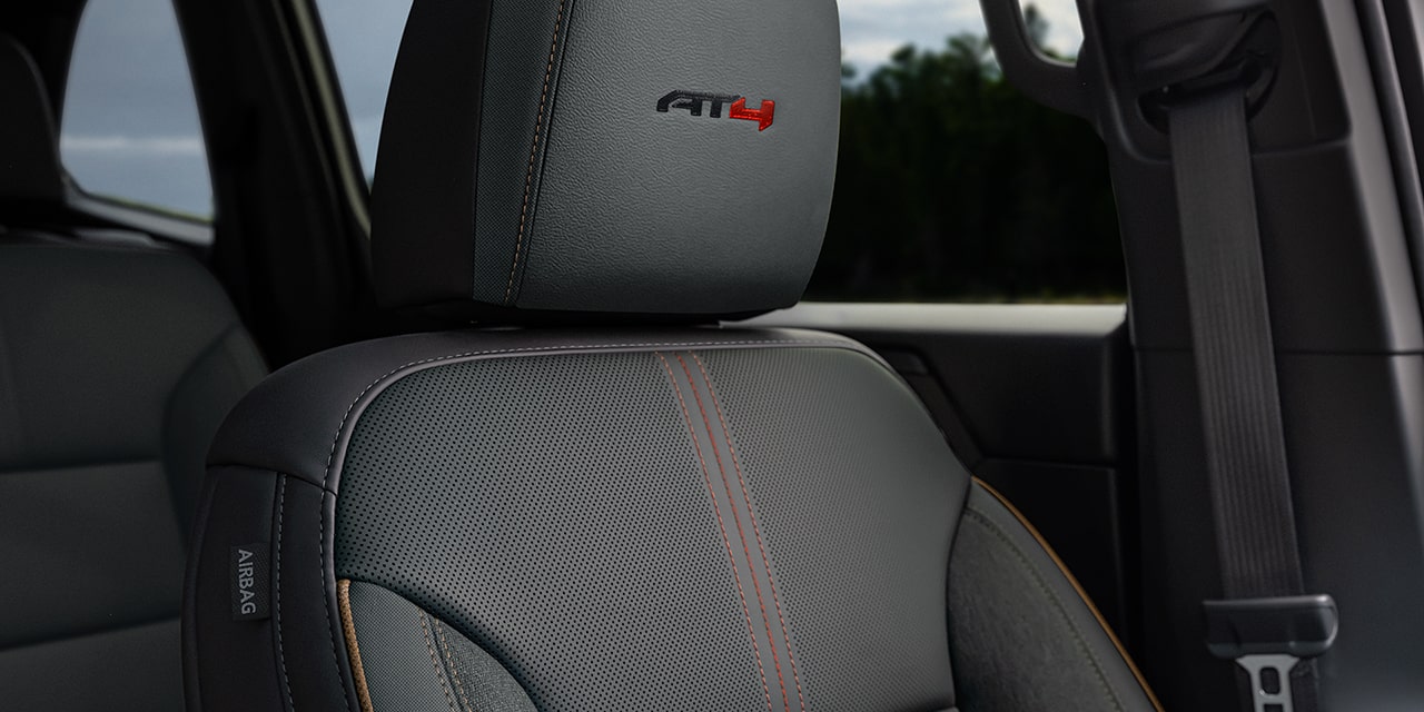 Interior View of the AT4 Badging on the GMC Acadia Headrest