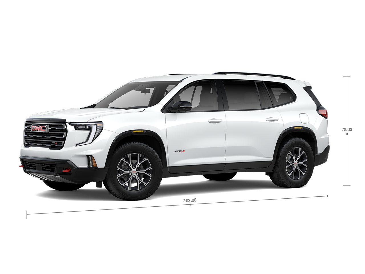 Front Three-Quarters View of a White GMC Acadia AT4 Mid-Size Off-Road SUV with Measurements