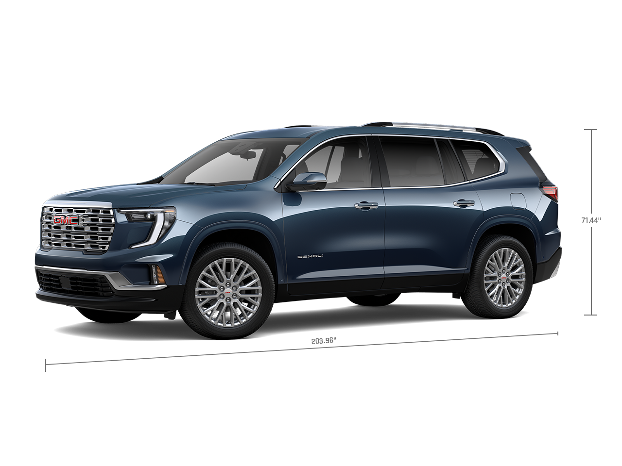 Front Three-Quarters View of a White GMC 2026 Acadia Denali Luxury SUV with Measurements