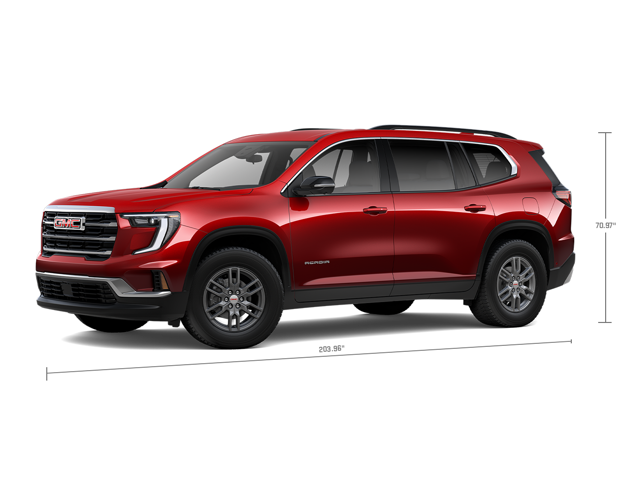 Front Three-Quarters View of a Red GMC Acadia Elevation 3-Row SUV with Measurements