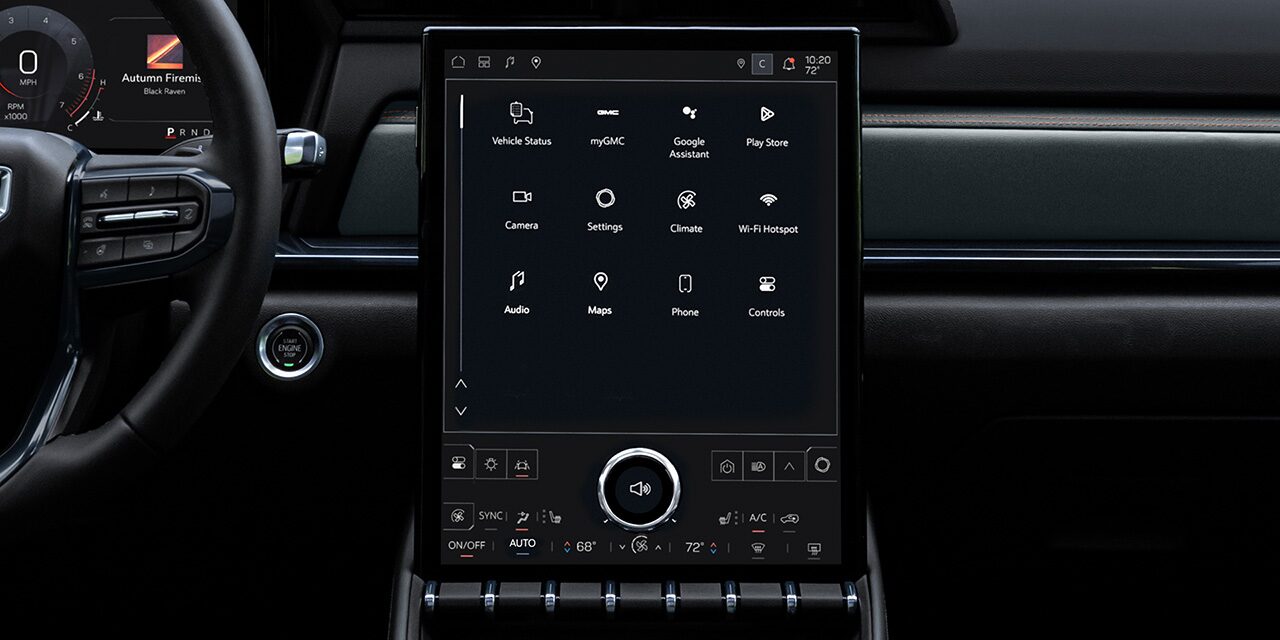 Close-up Interior View of the 15 Inch Premium GMC Infotainment System in the Terrain AT4 Small Off-Road SUV