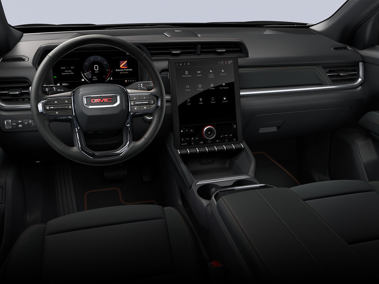 Interior View of the Dashboard, Steering Wheel, and Infotainment System in the 2026 GMC Terrain AT4 Small Off-Road SUV