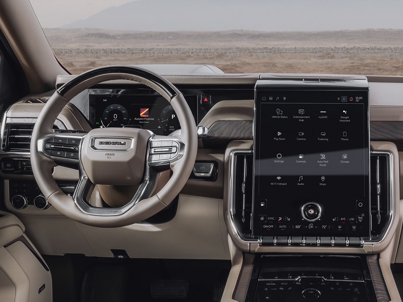Interior View of the Steering Wheel, Dashboard, and Infotainment System in the 2026 GMC Yukon Denali Luxury 3 Row SUV